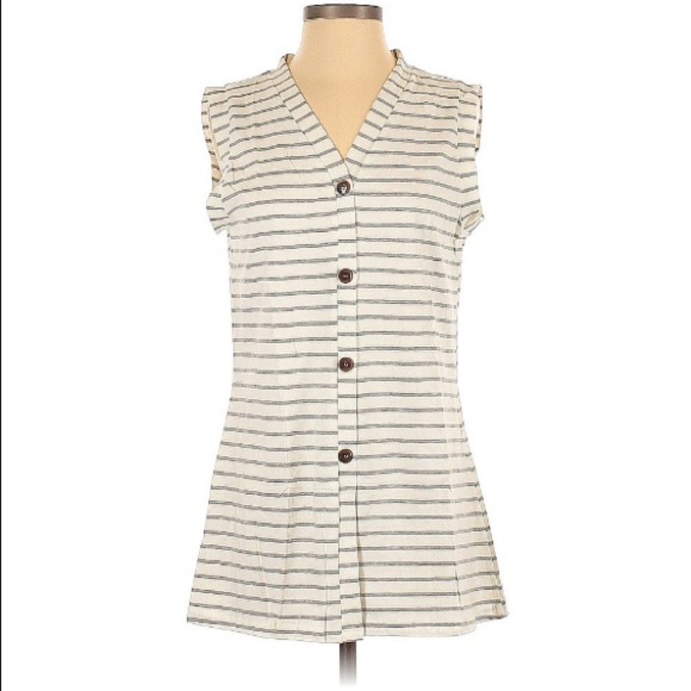 Striped, button up tank. Labeled as L, but fits like a small.